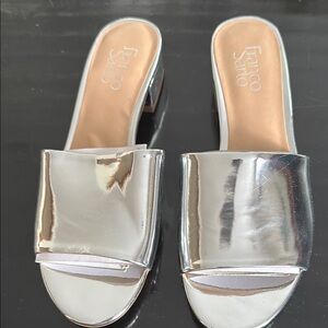 Franco Sarto Sabani Silver Mules with Metallic Trim. Size 8